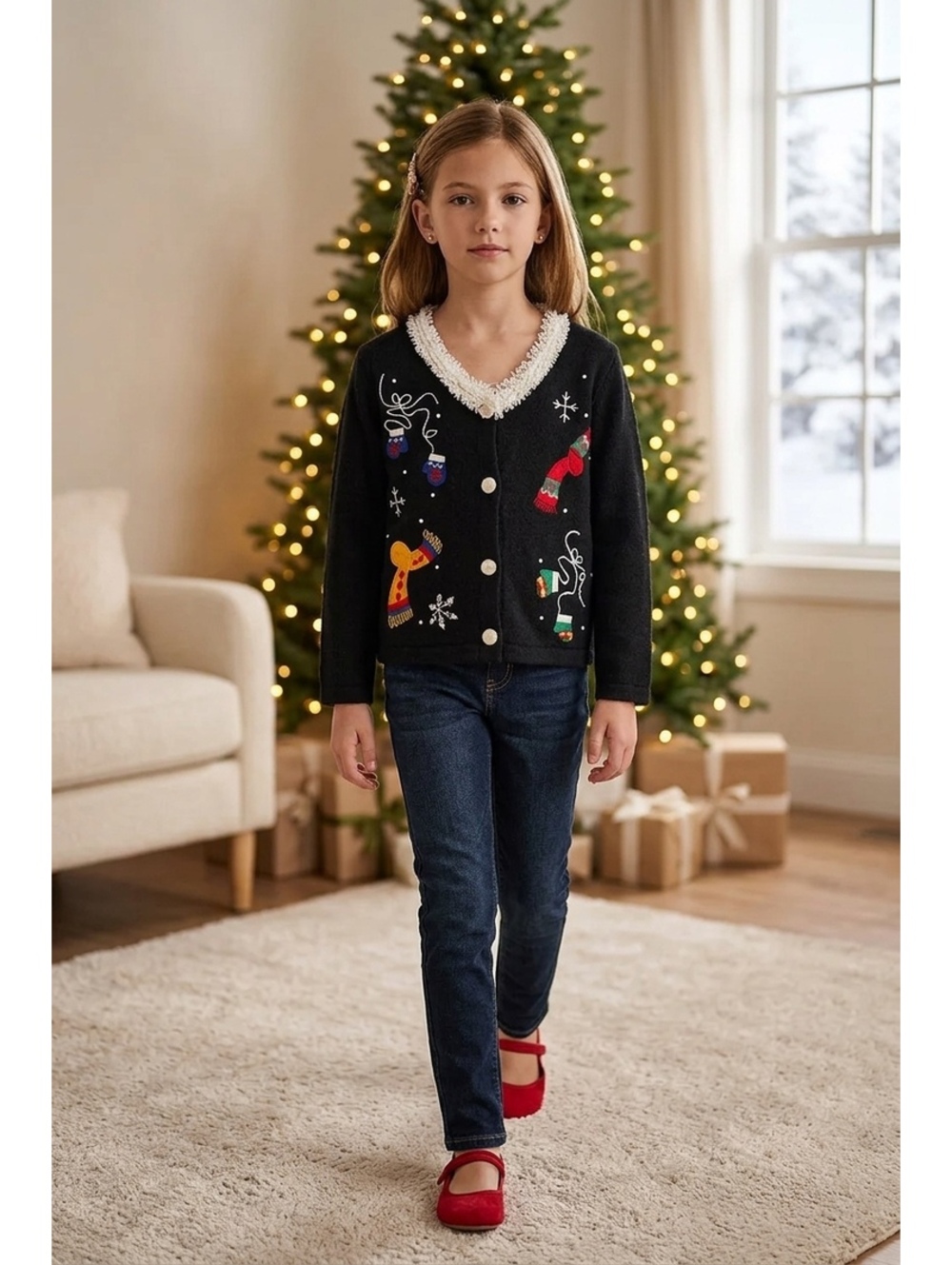 Vintage Arriviste Girls Black Holiday Cardigan Sweater  Festive Appliques Size S